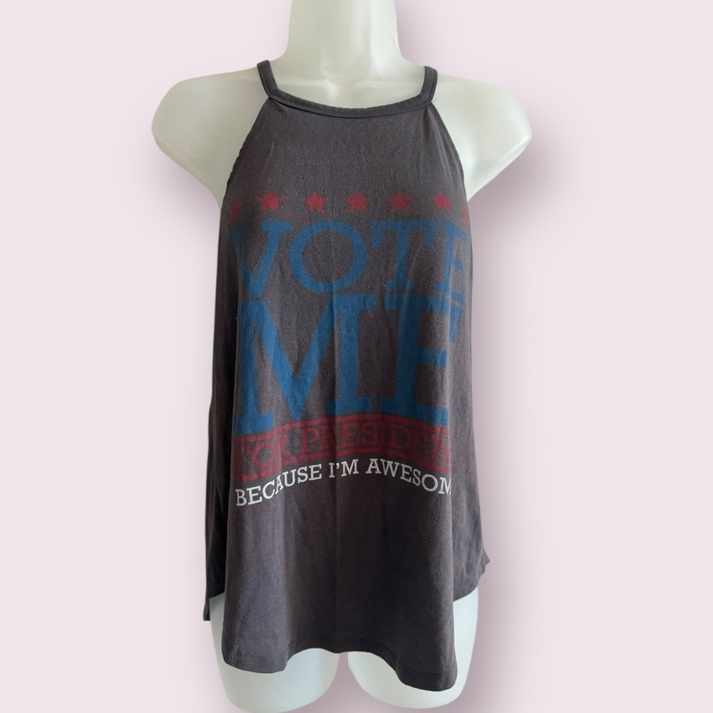 LOL Vintage Vote Me Graphic Tank Funny Sleeveless Top Gray Size S